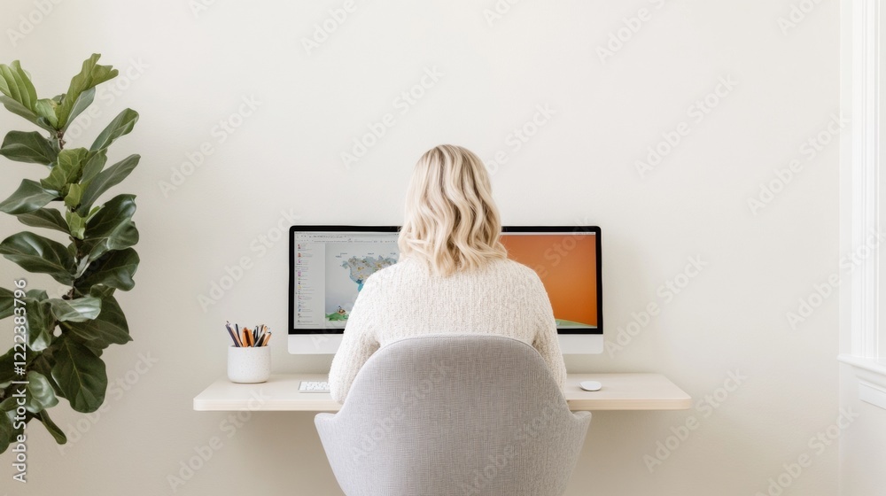 Poster minimalist dual-monitor home office with ergonomic chair enhancing digital learning and remote work 