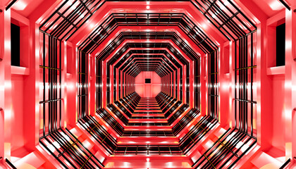 3D render of a red geometric corridor with a futuristic design