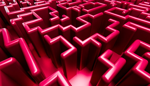 3D render of a red maze with intricate geometric patterns