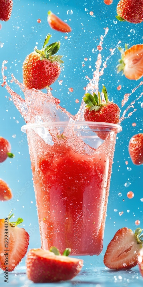 Poster refreshing strawberry beverage splashing in a clear cup