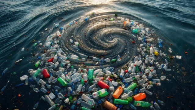 Plastic waste creates swirling vortex in ocean waters during sunset