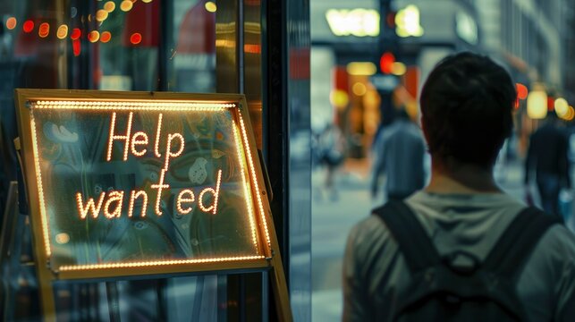 HELP WANTED sign in front of a shop window. - Powered by Adobe