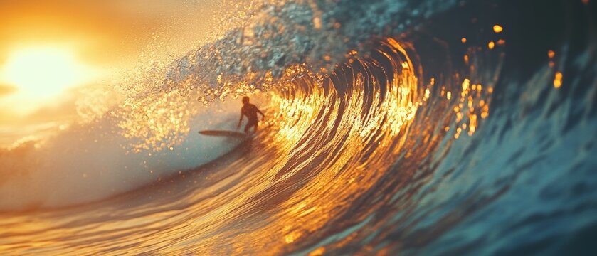 A surfer rides a golden wave, frozen in time, capturing the thrill and energy of the ocean under the brilliance of an illuminated sunset.
