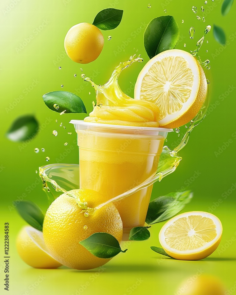 Poster fresh lemonade with splashes and garnish in vibrant green background