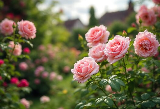 Beautiful Pink Rose Garden in Sunlight