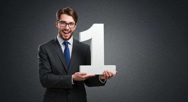 Successful Businessman Holding Number One on Dark Background. success stories, professional development materials, or any content related to winning, achieving goals, or being a market leader.