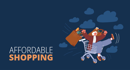 Cartoon vector illustration of a cheerful woman joyfully riding in a shopping cart full of groceries, symbolizing shopping excitement