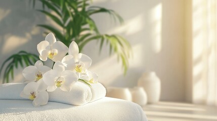 Elegant hotel spa featuring a massage bed, crisp white towels, and orchids creating a relaxing ambiance