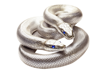 Coiled silver snake sculpture with detailed scales isolated on white transparent background, reptiles or wildlife, symbolizing Chinese Lunar New year