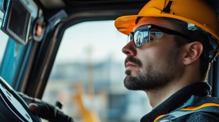 A close-up of a crane operator's face in the control cabin, overseeing operations on a construction site, Crane operation scene