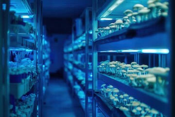 Fototapeta premium a magical mushroom cultivation facility bathed in soft blue led light, rows of luminescent fungi growing in vertical hydroponic systems, creating an otherworldly laboratory atmosphere
