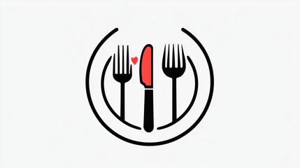 Plate, forks, knife illustration with red heart. Menu icon. Food service logo design