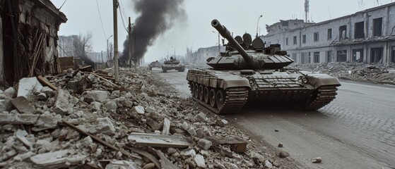A tank navigates through a desolate, war-torn urban landscape, with smoke rising from surrounding ruins, capturing the somber essence of conflict.