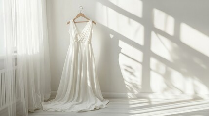 Elegant white dress on a hanger, set in a bright, simple room with neutral tones and soft lighting.