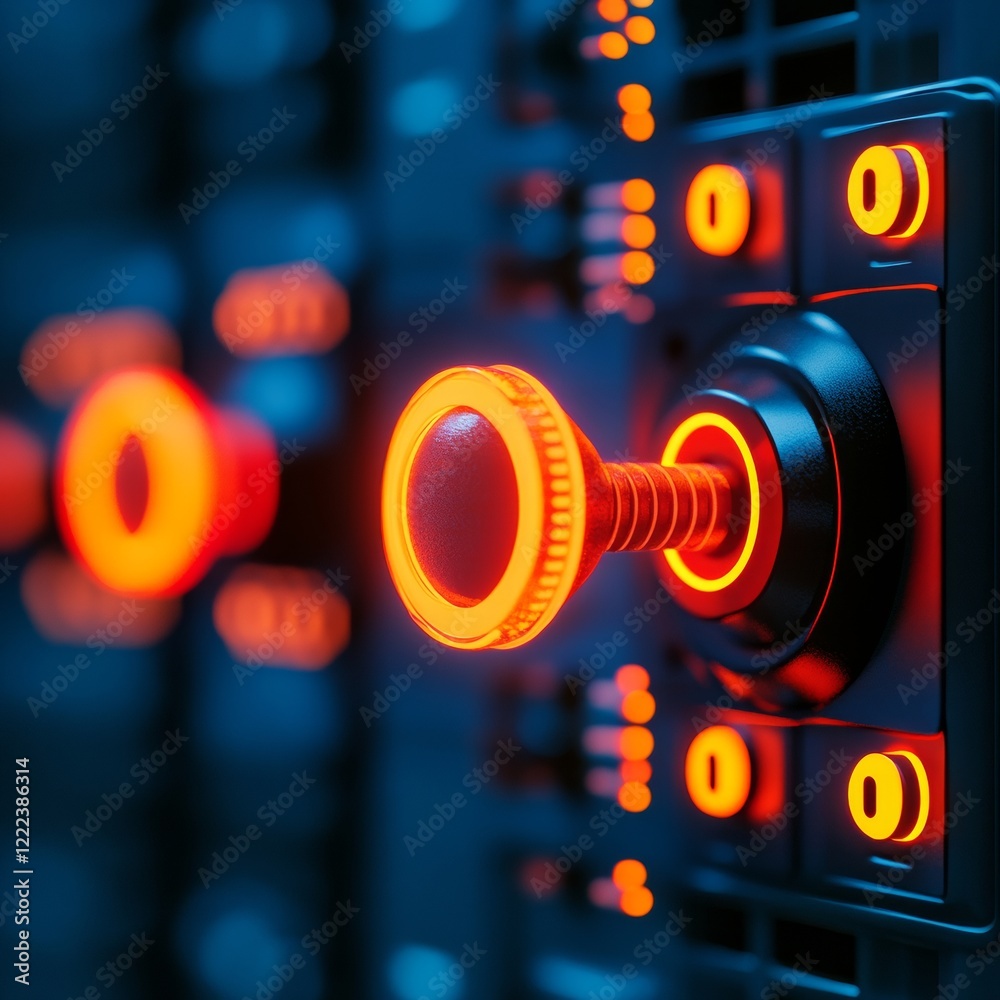 Poster Futuristic Control Panels Neon Orange LED Interface for Industrial Tech Settings - Enhancing Data Protection and Safety in Modern Manufacturing Environments
