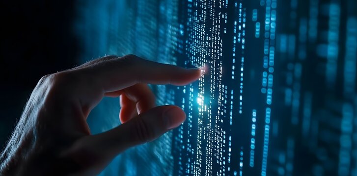Hand interacting with digital binary code stream data technology and artificial intelligence concept