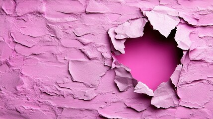 A heart shape emerges from a cracked pink wall, showcasing vivid color beneath the surface