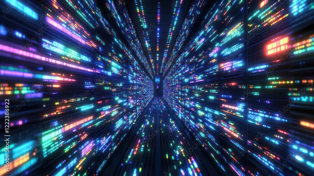 Fototapete Bright lights create a vibrant digital tunnel effect showcasing data movement through space