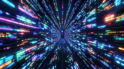 Obraz premium Bright lights create a vibrant digital tunnel effect showcasing data movement through space