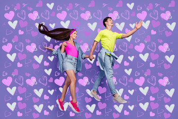 Profile photo of dreamy youngster couple jump hold hands wear pin-up outfit isolated violet color background