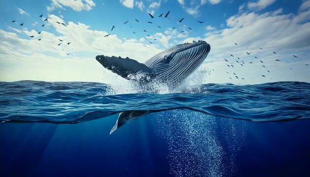 Wal an der Wasseroberfl&auml;che mit V&ouml;gel und Fischen als Wallpapper