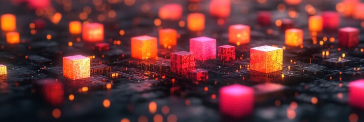 Obraz premium Illuminated cubes in vibrant colors hover over a complex circuit board in a dark setting