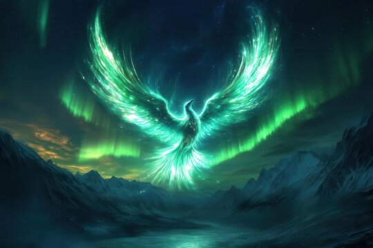 a majestic phoenix rising from crystalline flames, soaring through an aurora-filled night sky, its iridescent feathers trailing stardust over a mystical mountain range