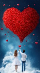 Obraz premium Couple reaching for a giant heart made of small hearts on valentine's day