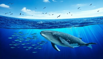 Naklejka premium Wal an der Wasseroberfläche mit Vögel und Fischen als Wallpapper