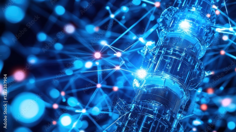 Poster visual representation of advanced technology with glowing connections and a central tower structure