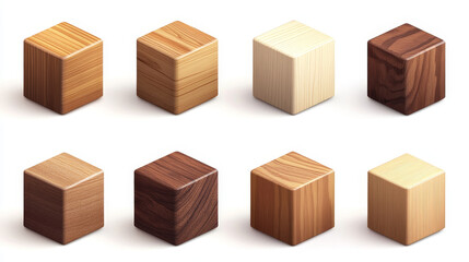 Obraz premium Wooden cube block realistic 3d vector illustration set. square platform or toy brick with wood texture. Cubic game 6 sides dice or education kid box element or rectangular podium and pedestal.