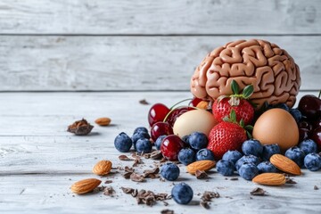 Food for brain on a white wooden floor , prevent Alzheimer's , Generative AI