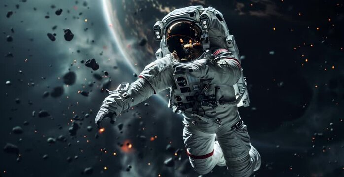 Astronaut in deep space amidst debris and a distant planet, exploring cosmic frontiers