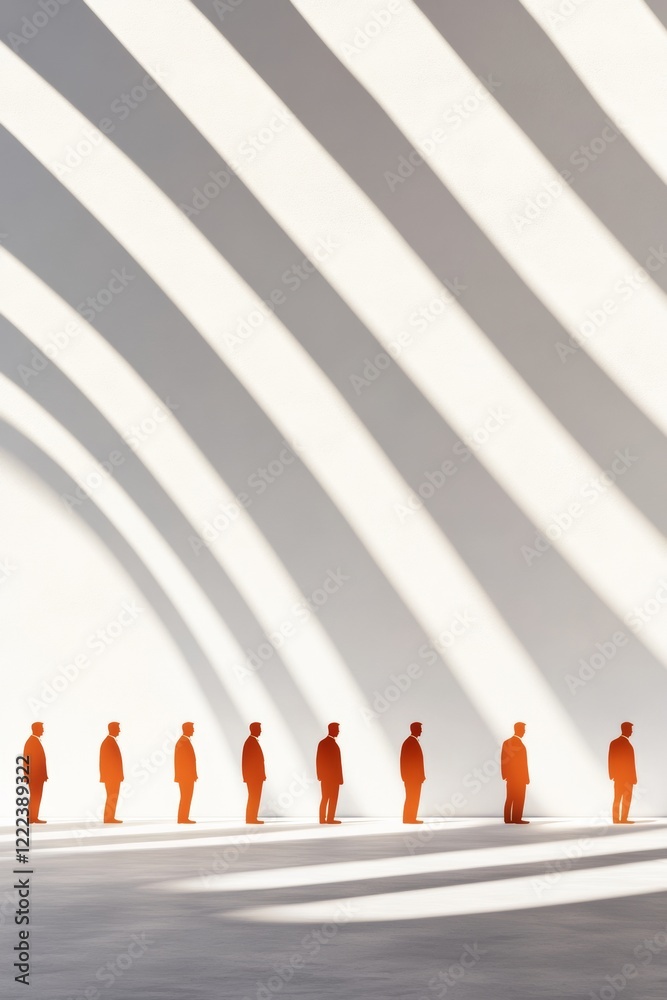 Poster Innovative Minimalist Design Silhouetted Figures in Contemporary Lobby with Dynamic Shadow Play - Business Networking Aesthetics and Career Development Visualization