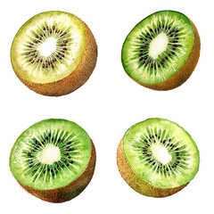 Fototapeta premium Fresh kiwi fruit slices kitchen counter food photography natural light overhead view healthy eating inspiration