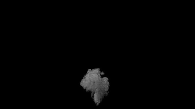 High-angle view of Isolated Wispy Smoke with some turbulences and upward slow move on a black background