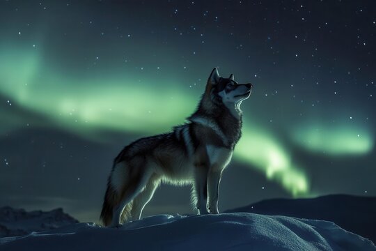 a majestic wolf-dog hybrid standing alert on a snowy ridge, moonlight casting blue shadows across its thick fur, aurora borealis dancing in the dark sky above