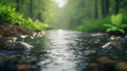Fototapeta premium A serene stream flows through a lush forest, surrounded by greenery and illuminated by soft, ambient light.
