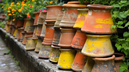 Fototapeta premium Stacked Vintage Terracotta Pots Garden Decor