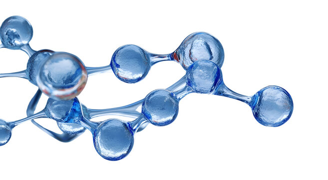 Hyaluronic acid molecules. Hydrated chemicals, molecular structure and blue spherical molecule. Microscope h2o water molecules, blue cosmetic advertising background