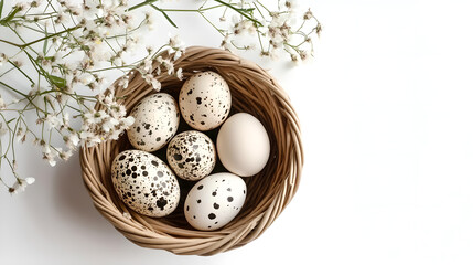 Fototapeta premium farm chicken eggs in a basket. spotted eggs from purebred hens