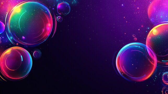 Colorful soap bubbles drift against a dark background, displaying vivid reflections and patterns