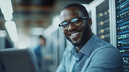 Technician with glasses smiles while seated near servers, providing support to clients in a data center