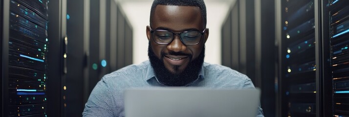 Professional focused on laptop in a server room during a technology work session