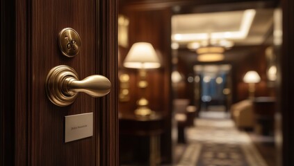 Obraz premium Luxury Hotel Room Door, Elegant Brass Door Handle, Exclusive Interior Design, Opulent Corridor Glimpse