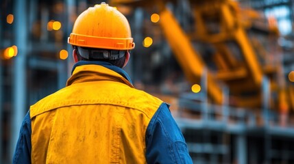 A construction worker in safety gear watches heavy machinery operating at dusk