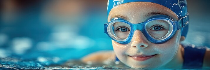 A young swimmer with goggles is smiling in a bright blue pool during an afternoon training session