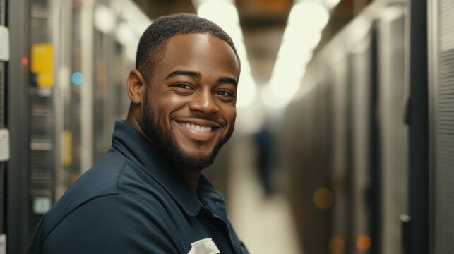 Technician smiles confidently while maintaining equipment in bustling data center environment
