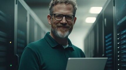 IT professional in a green shirt smiles while managing servers with a laptop in a data center