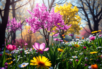 Obraz premium Vibrant Spring Flowers Bloom in a Colorful Park Setting